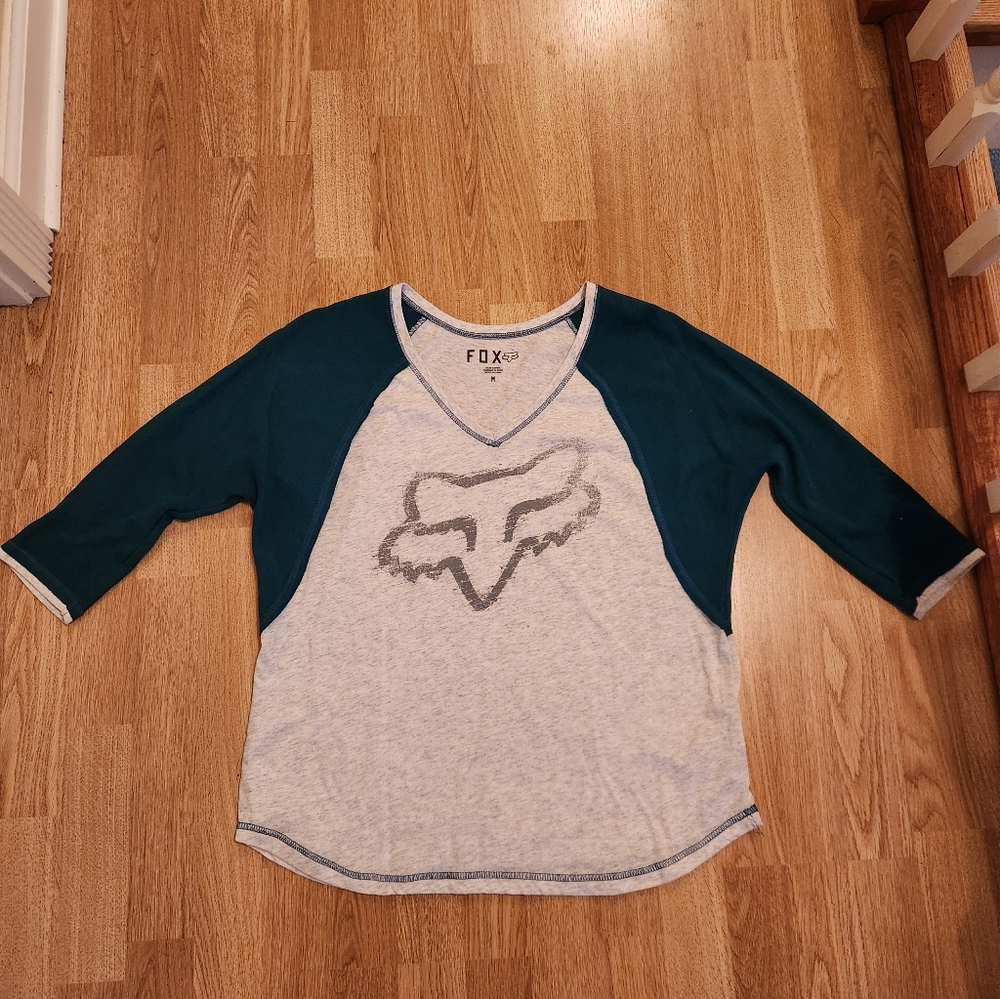 Fox Racing Fox Head 3/4 Sleeve V-Neck Tee Teal Gray Medium